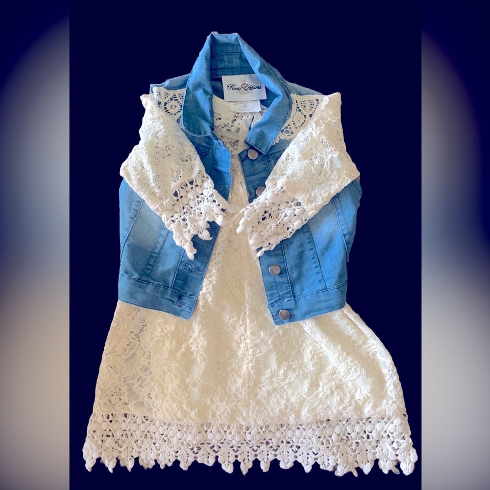Rare Editions, 3T, Ivory Lace Dress with coordinating Denim Vest